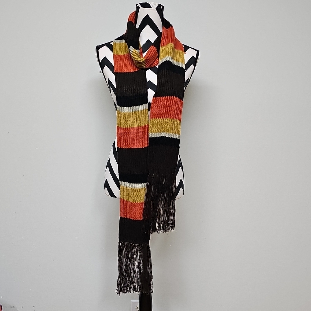 Elizabeth Gillett NYC Stripe Brown Orange & Mustard Rib Knit Scarf W Long Fringe